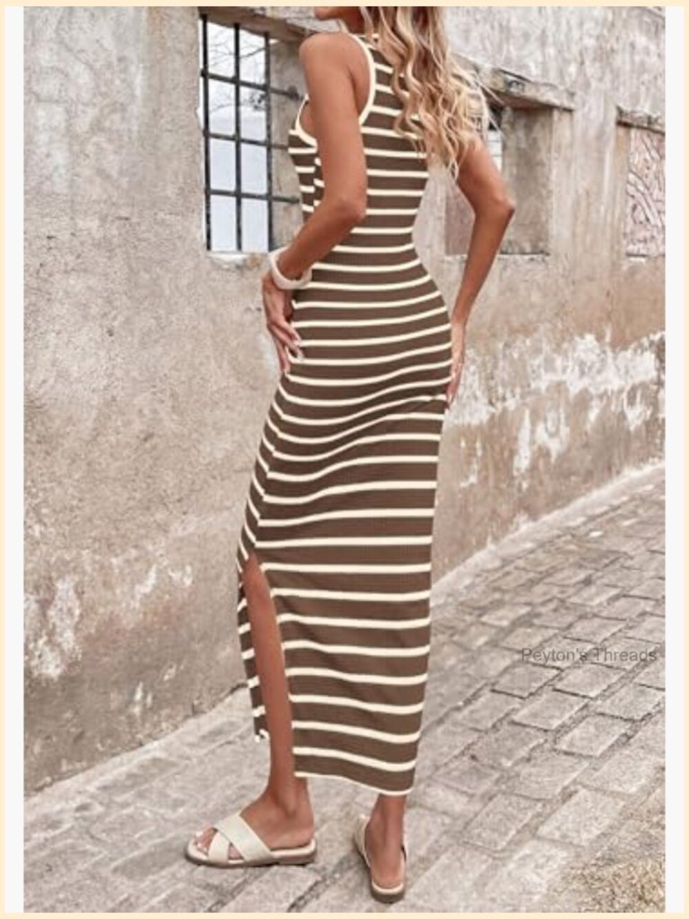 Striped Knit Bodycon Maxi Dress with Side Slit Summer Beach Vacation - Picture 4 of 7